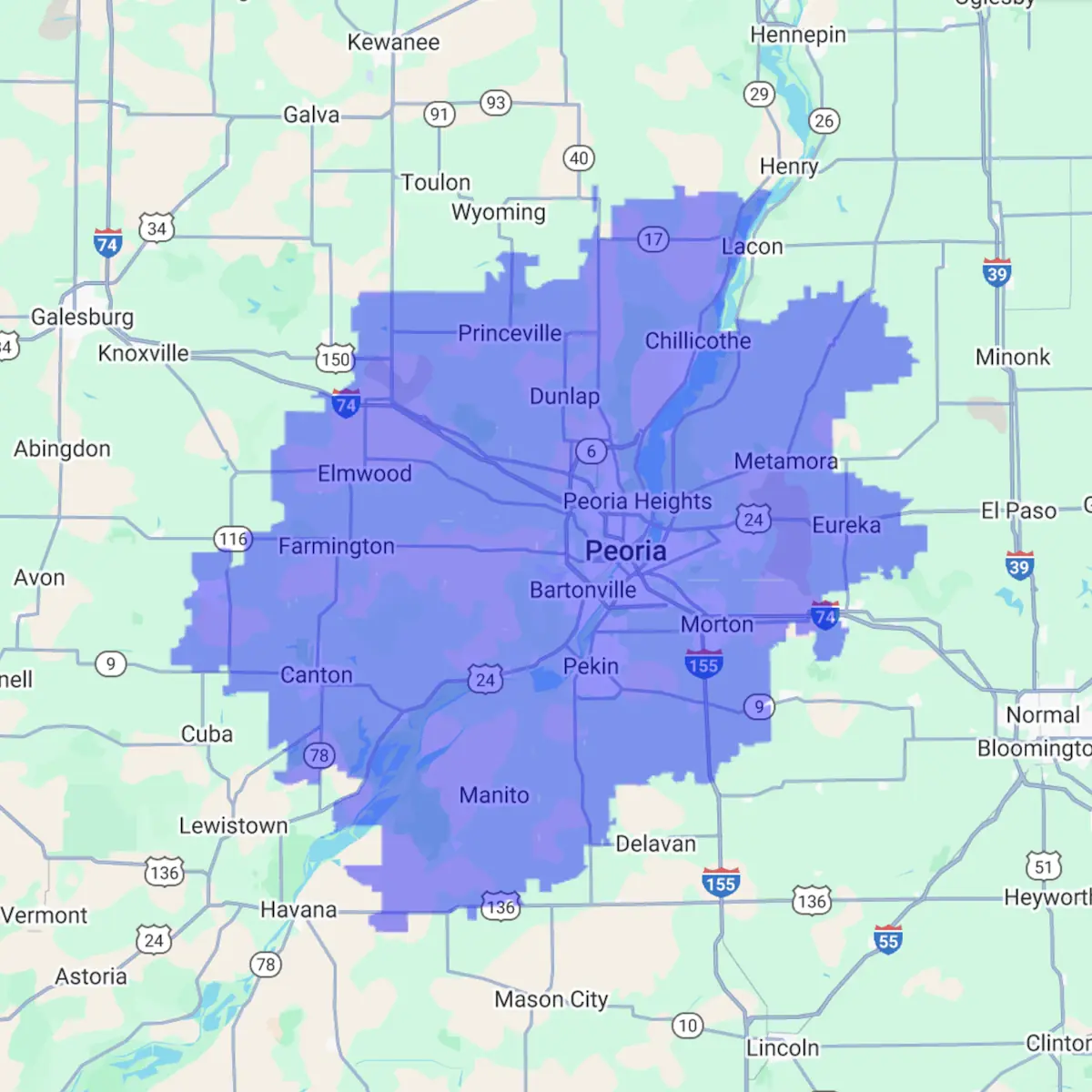Service area of Leisure Peoria: central Illinois